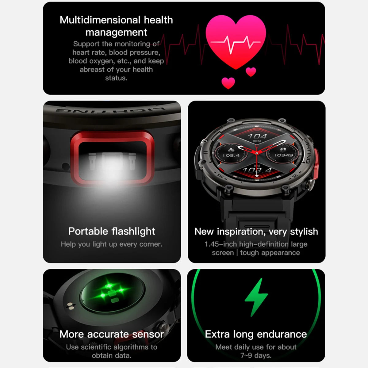 Imosi Outdoor Smart Watch with Flashlight – Sport Fitness Tracker, Blood Pressure, IP67