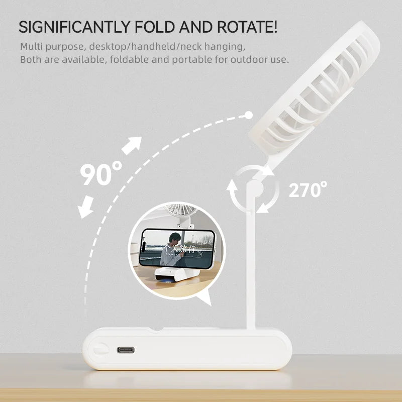 WO.Poblwc Handheld Mini Fan – 1800mAh Foldable, 5-Speed USB Rechargeable, Neck Hanging, Phone Stand, for Home & Outdoor