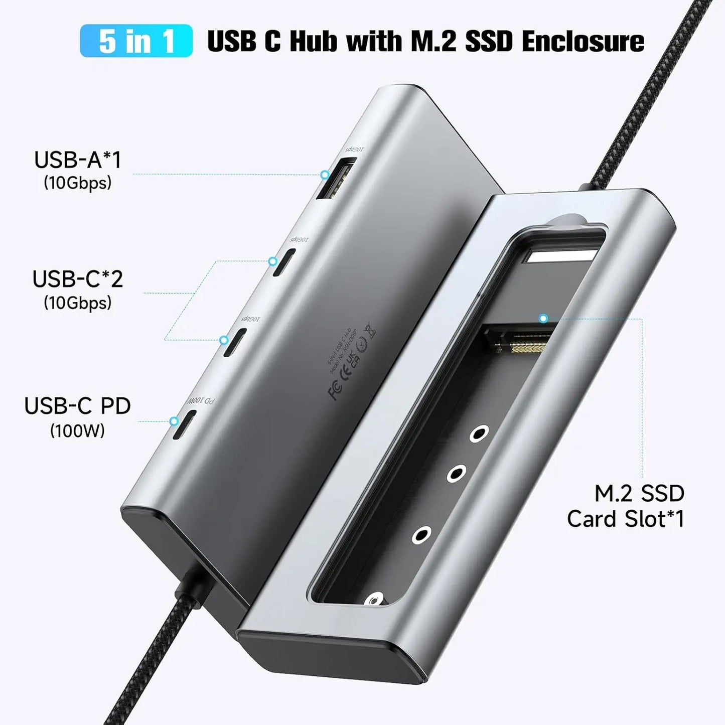RSHTECH RSH-D05P 5-in-1 USB-C Hub with M.2 NVMe/SATA SSD Enclosure – 10Gbps, 100W PD