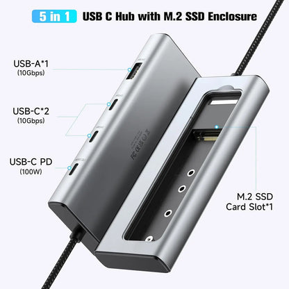 RSHTECH RSH-D05P 5-in-1 USB-C Hub with M.2 NVMe/SATA SSD Enclosure – 10Gbps, 100W PD