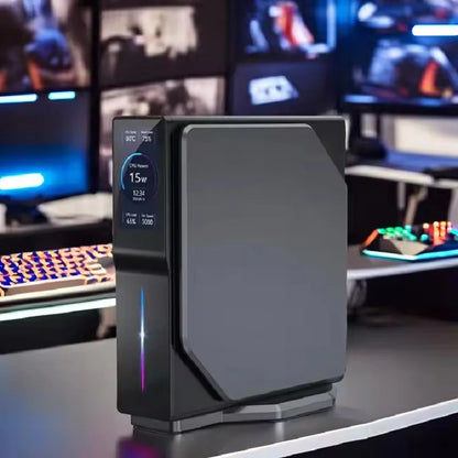 Intel N150 Mini PC from R.E.D. Shopping with LCD screen and NVMe SSD, compact desktop computer for gaming and home use.