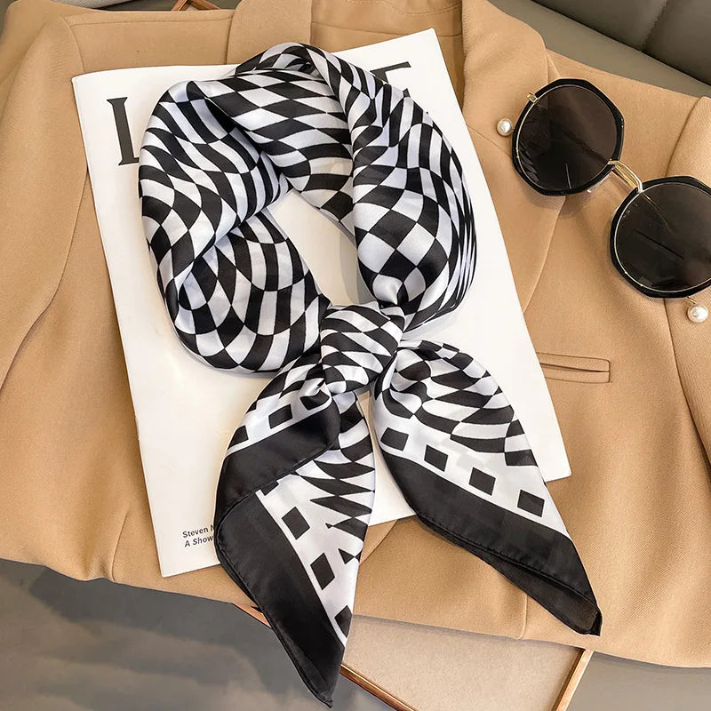 Elegant square silk scarf by R.E.D. Shopping, styled as a women's hairband and neck shawl with vibrant patterns.