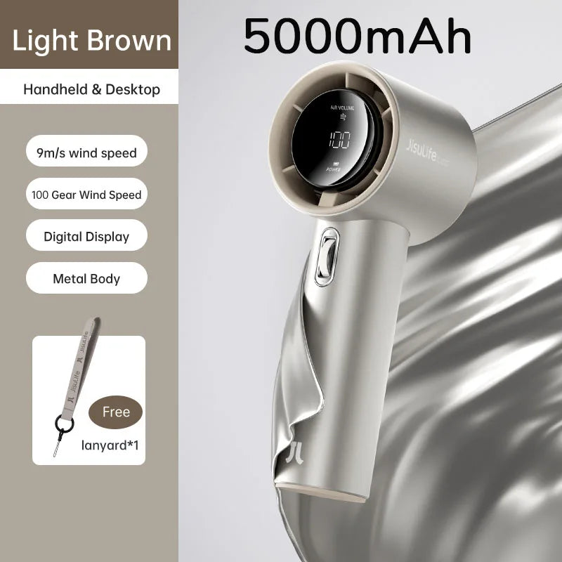 JISULIFE Mini Portable Hand Fan – 100 Wind Speeds, LED Display, 3600/5000mAh, Brushless Motor