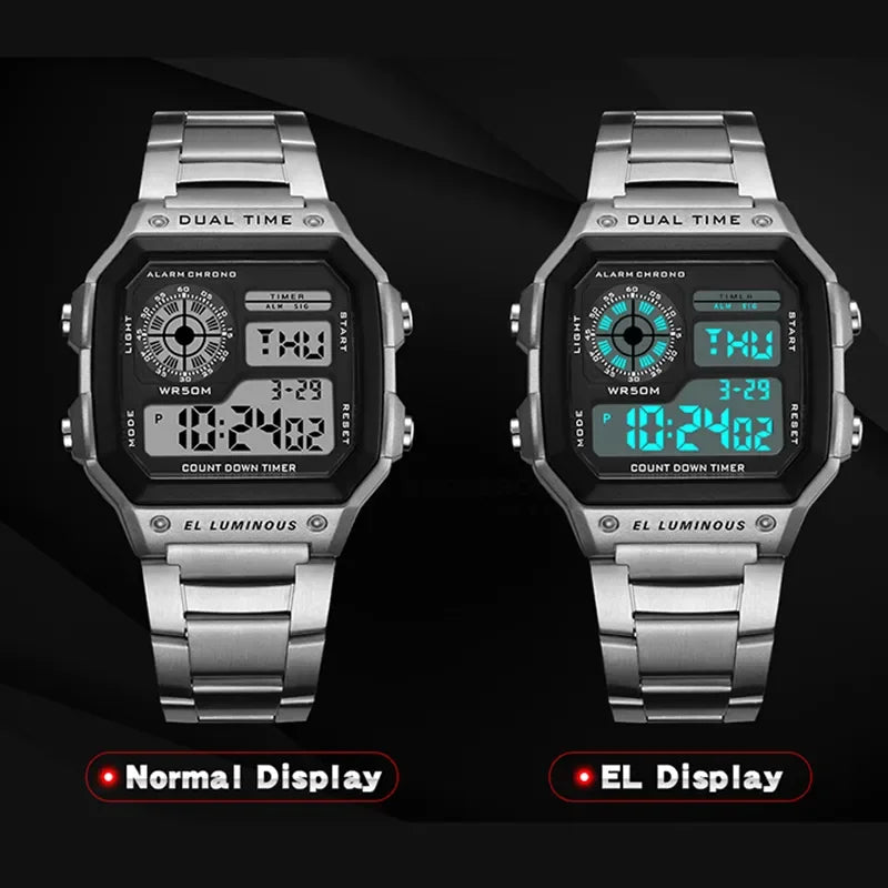 YIKAZE Men's Military LED Sport Watch - Luxury Stainless Steel Strap, Waterproof Digital Wristwatch
