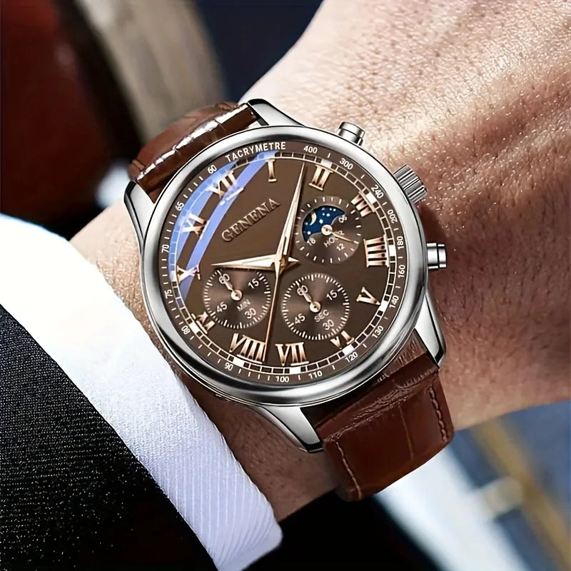 Geneva men's luxury quartz watch with leather strap, Roman numerals, water-resistant design, R.E.D. Shopping accessory.