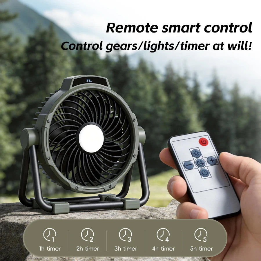 Kinscoter 6-in-1 Outdoor Camping Fan 10000mAh | 5 Speeds | Remote | LED Light | CE