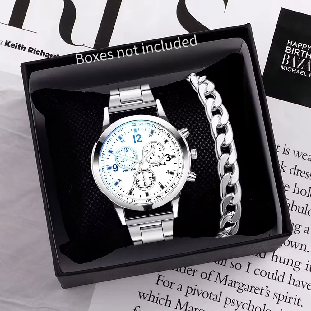 Men’s business quartz watch with stainless steel band and bracelet set, stylish jewelry accessory for formal and everyday wear.