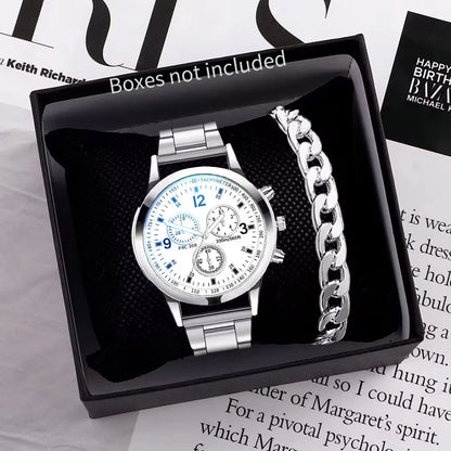 Men’s business quartz watch with stainless steel band and bracelet set, stylish jewelry accessory for formal and everyday wear.