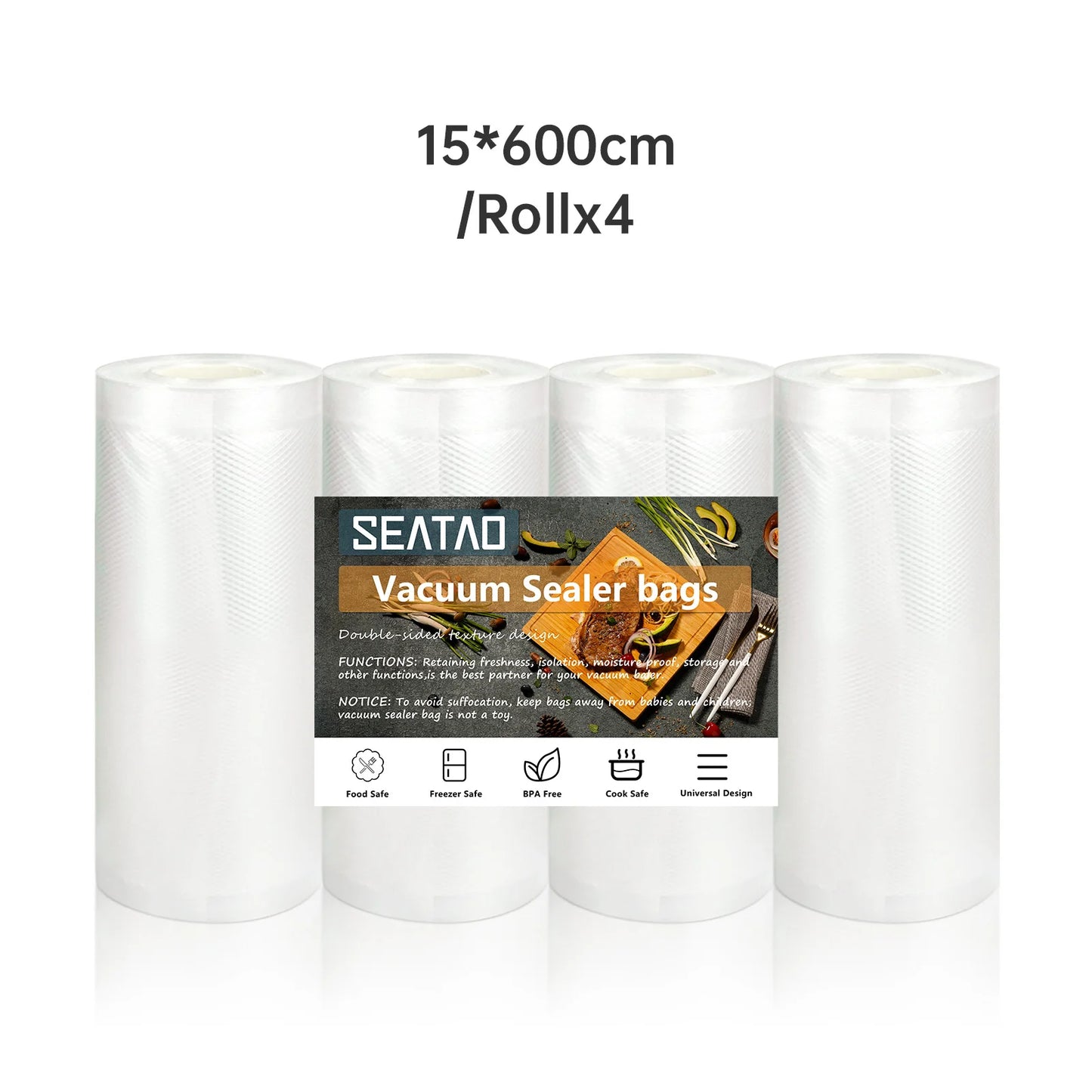 SEATAO vacuum food storage bags by R.E.D. Shopping, roll packs in various sizes for vacuum sealing and long-term freshness.