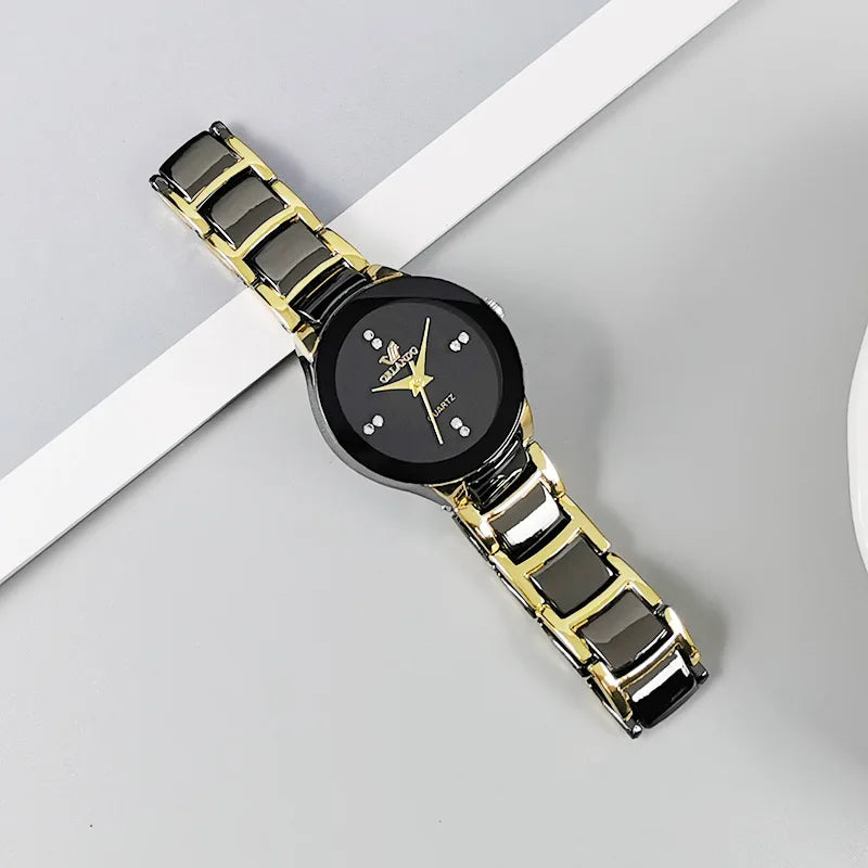 Men's black dial steel quartz watch with minimalist design, featuring a classic business style and sleek metal band.