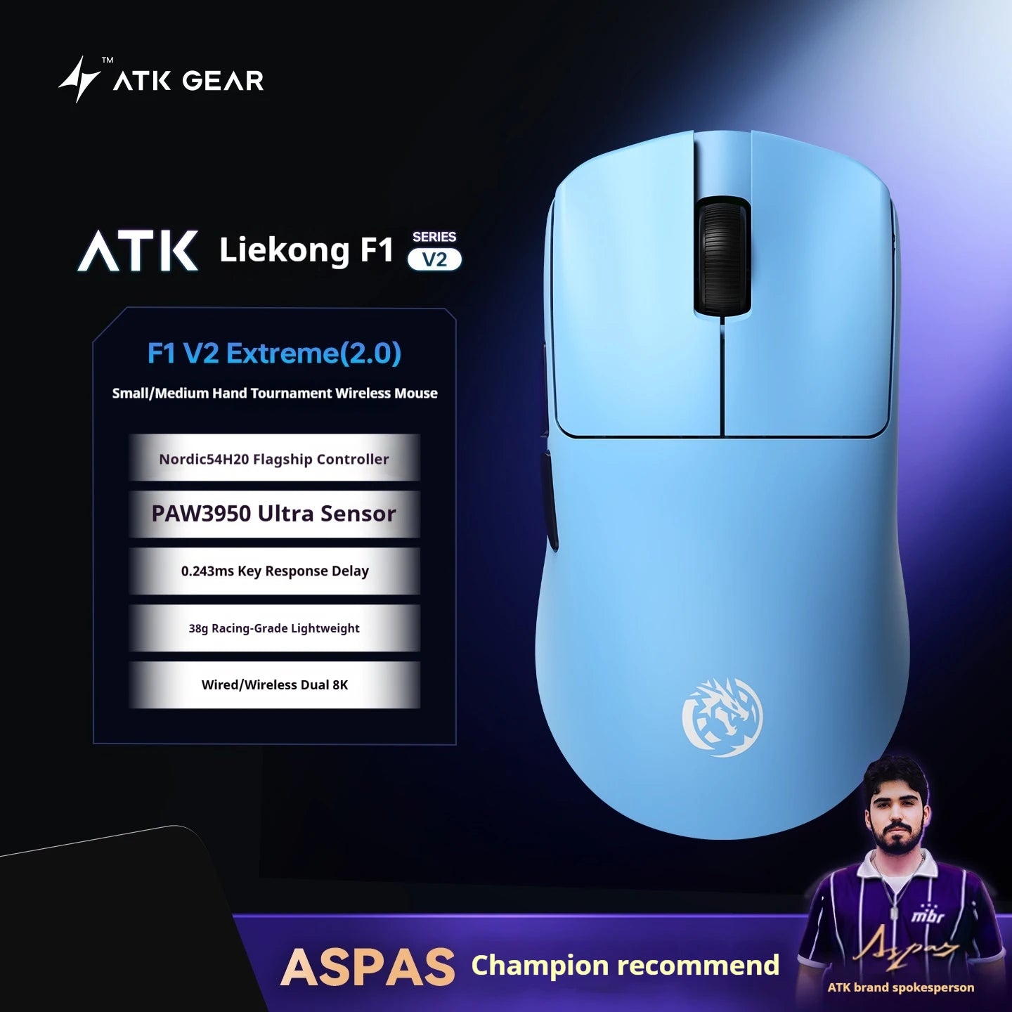 ATK F1 V2 Wireless Gaming Mouse – PAW3950, 38g Ultra-Light, 750IPS, 0.243ms Latency for FPS