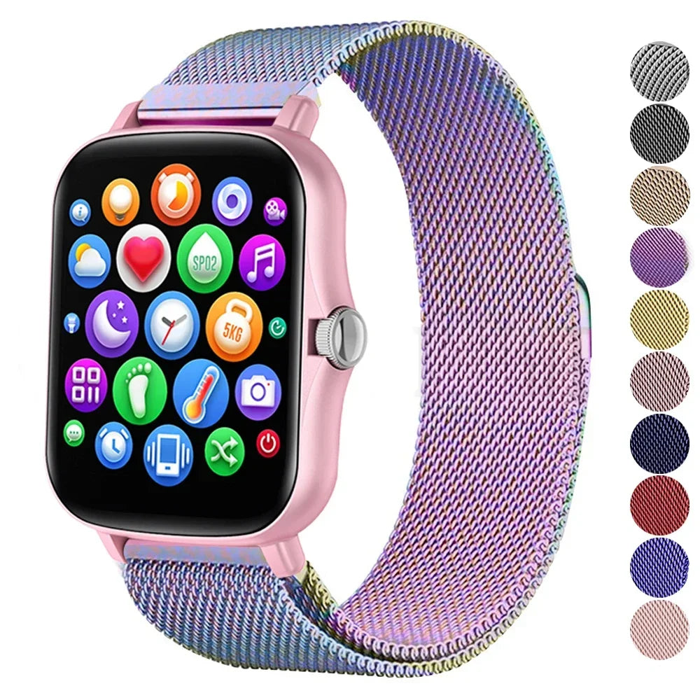 Metal magnetic watch strap for Amazfit GTS and GTR, 20mm and 22mm bracelet, with adjustable magnetic clasp.