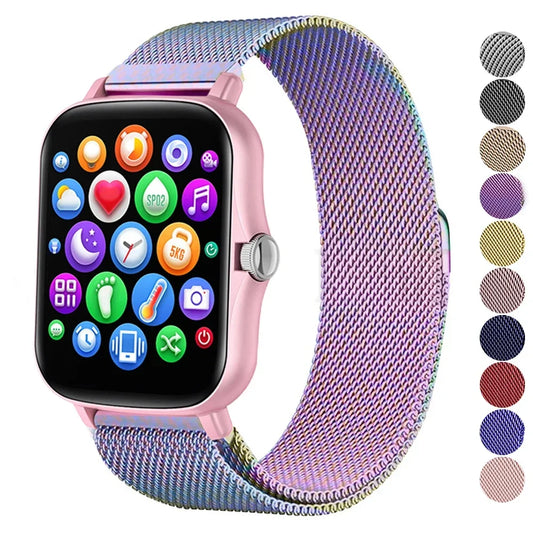 Metal magnetic watch strap for Amazfit GTS and GTR, 20mm and 22mm bracelet, with adjustable magnetic clasp.