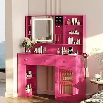 Vanity Desk with Sliding Mirror and Lights, Glass Top Makeup Vanity Table w/Glass Cabinets w/Hidden Jewelry Storage