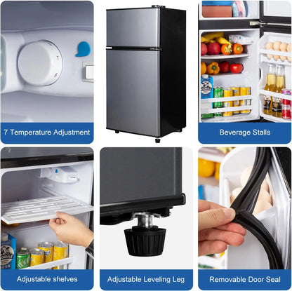Mini Fridge with Freezer 2.9 Cu.Ft | Double Door, 7-Level Thermostat, Energy Saving, Low Noise
