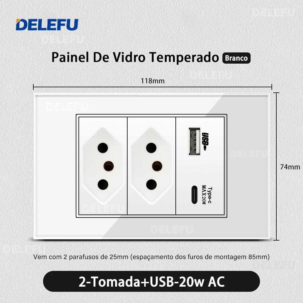 DELEFU Tempered Glass Smart Wall Socket with USB-C | Tuya WiFi | 10A–20A