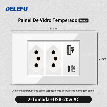 DELEFU Tempered Glass Smart Wall Socket with USB-C | Tuya WiFi | 10A–20A