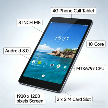 Glavey 8" 4G Phone Call Tablet – Android 8.0, MTK6797 10-Core, 3GB+32GB, Dual SIM, 5500mAh