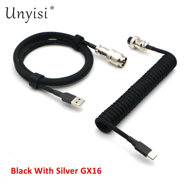 Handmade paracord USB-A to USB-C coiled cable with GX16 aviator connector for mechanical keyboards, featuring vibrant woven design.