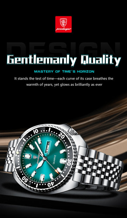 POEDAGAR Luxury Men's Quartz Watch – Date, Week, Luminous & Waterproof Stainless Steel