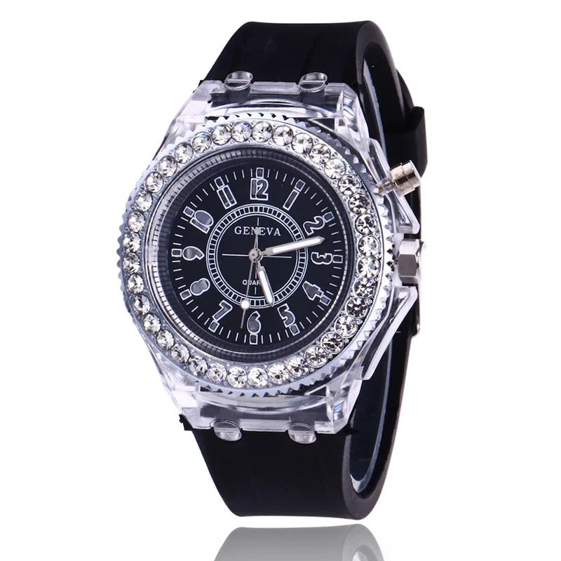 LED Flash Luminous Watch by R.E.D. Shopping featuring rhinestone accents and silicone strap, suitable for kids and adults.