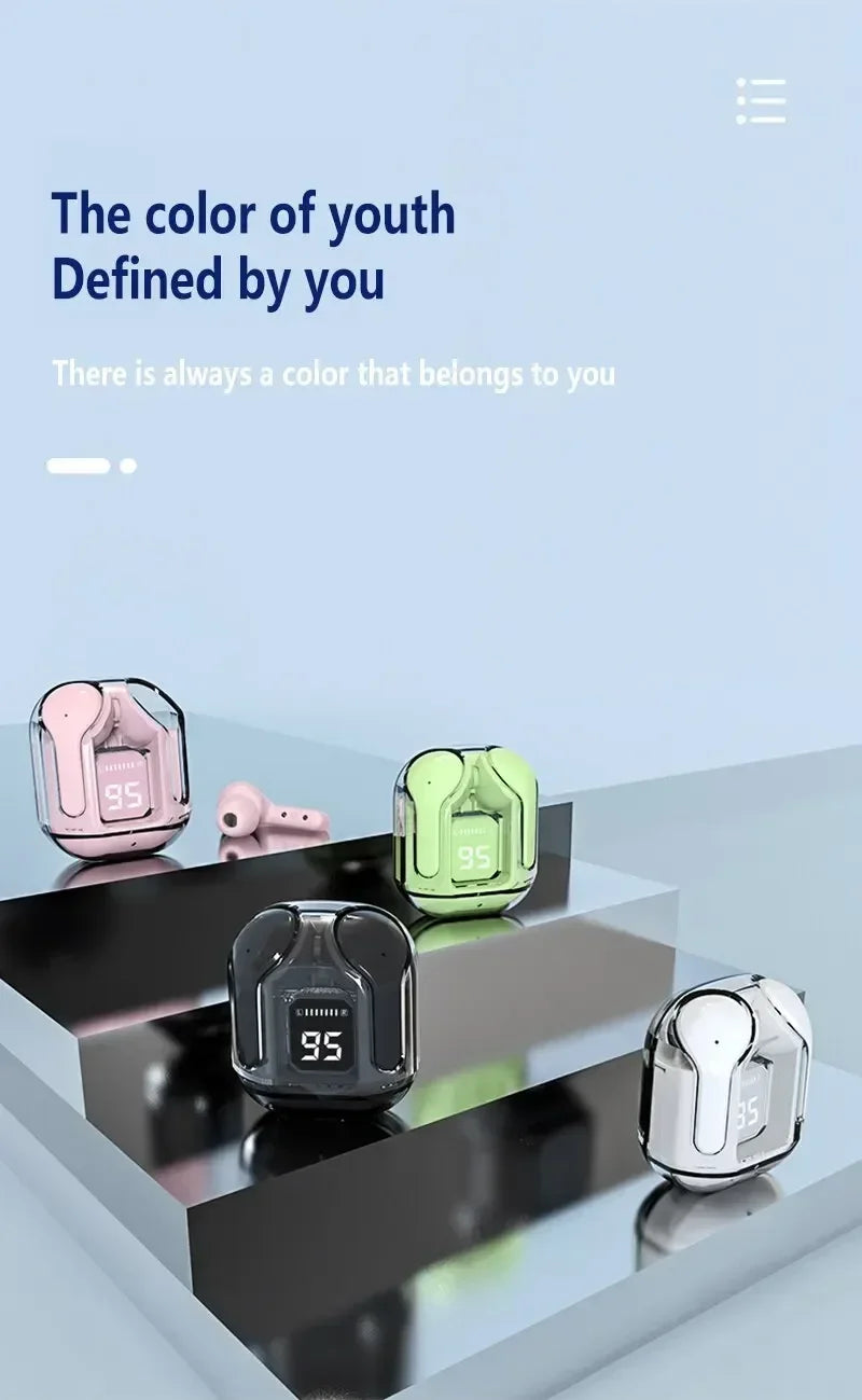 R.E.D. Shopping T2 wireless Bluetooth earphones with transparent design, LED display, and 24-hour battery life.