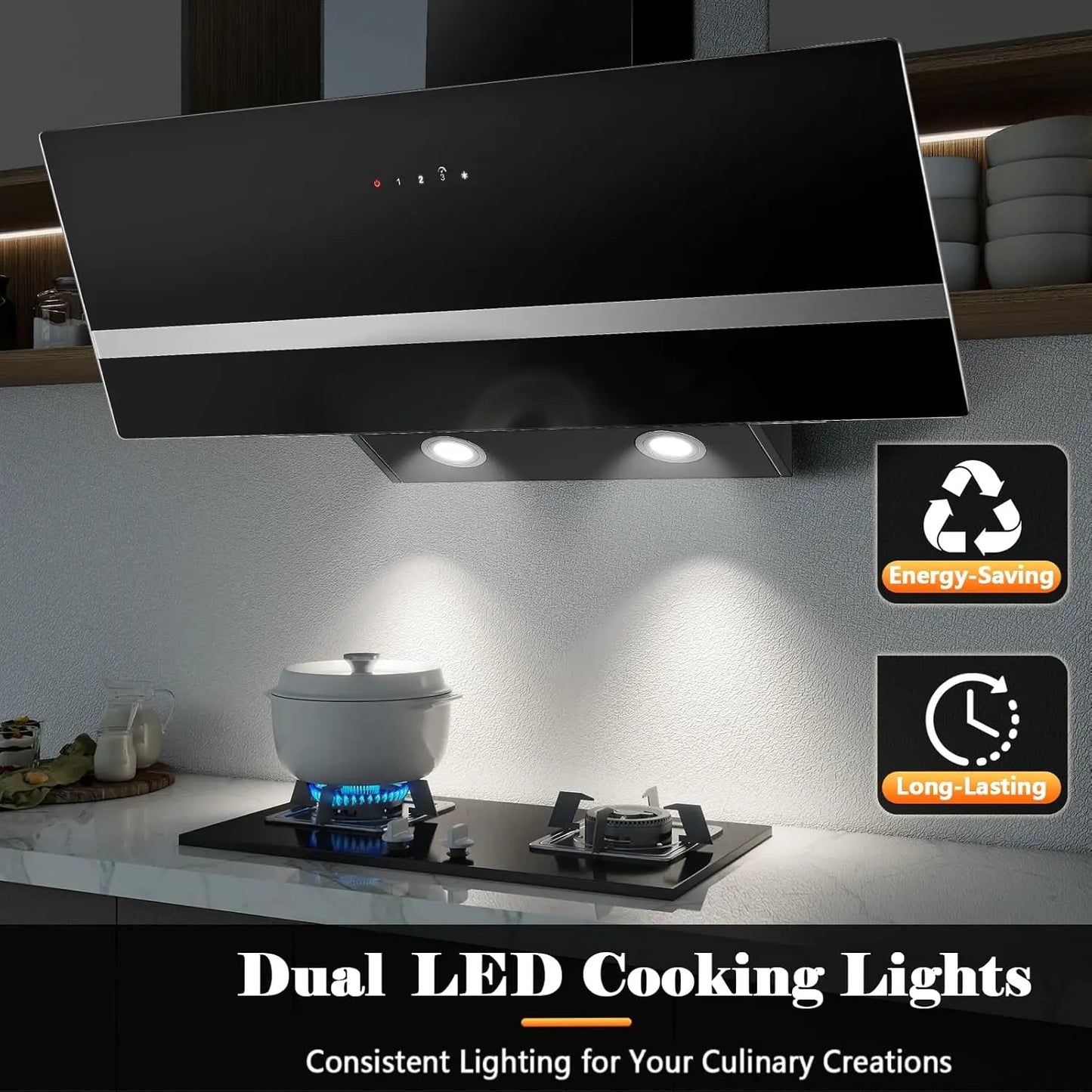 90cm Wall-Mounted Range Hood – A+++ Energy Class, 400m³/h, Touch Control, LED, Black Stainless Steel/Glass, 58dB