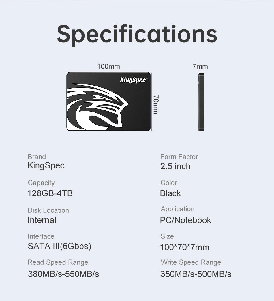 KingSpec SSD 2.5" SATA3 | 64GB–2TB | Internal Solid State Drive | For Laptop & Desktop PC