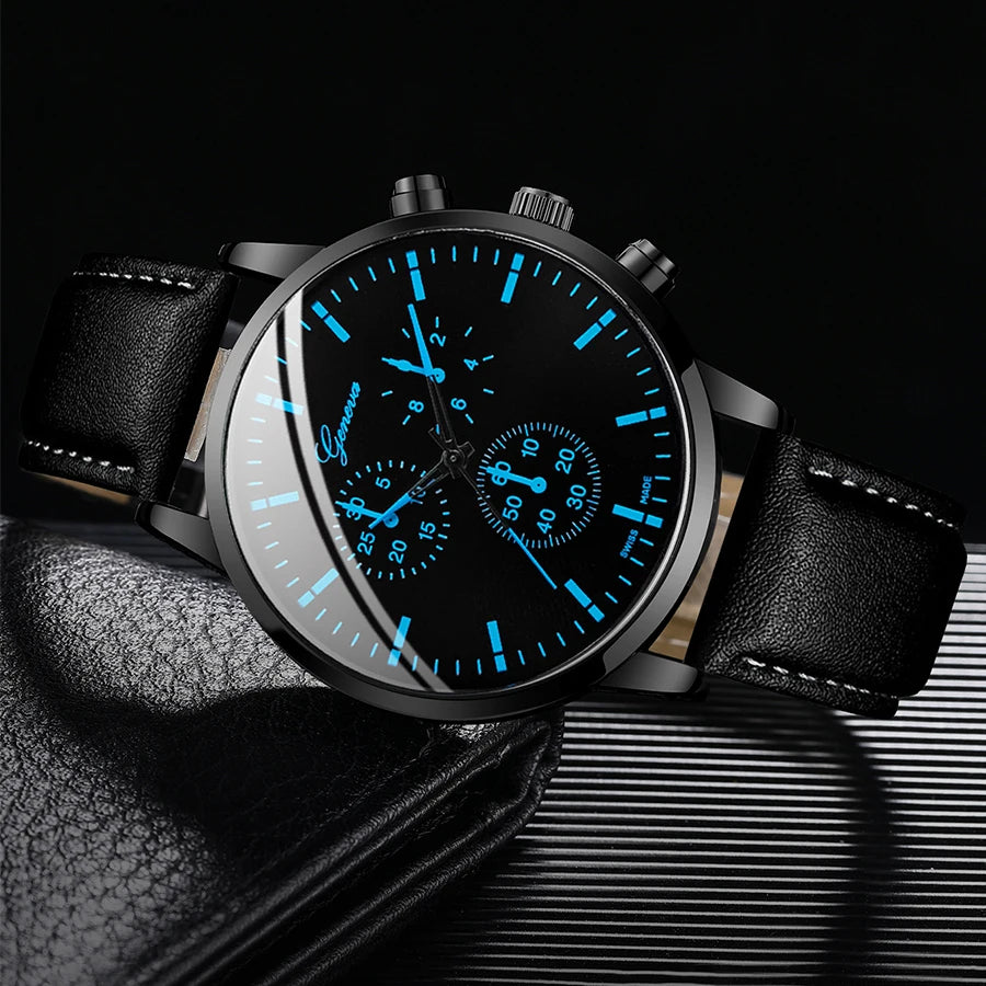 Men's business watch set by R.E.D. Shopping featuring a quartz watch with leather band, necklace, and bracelet.
