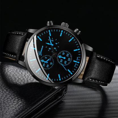 Men's business watch set by R.E.D. Shopping featuring a quartz watch with leather band, necklace, and bracelet.