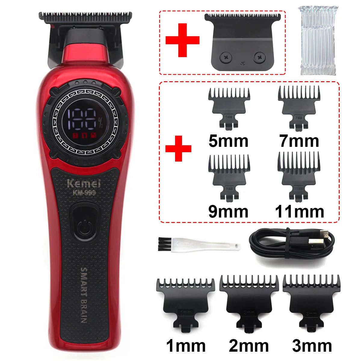 Kemei KM-999 Professional Hair Trimmer – DLC T-Blade, Zero Gap, LED Display, Cordless USB Clipper