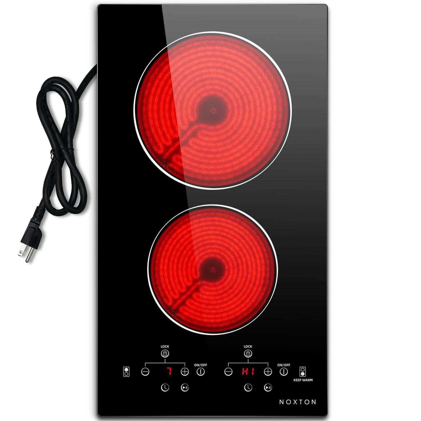NOXTON 2-Zone Ceramic Hob – Plug-In, 99-Min Timer, Safety Lock, Countertop & Built-In, US 110V / EU-UK 220V