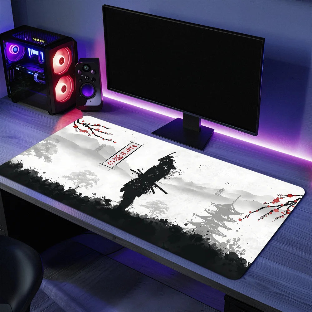 Large Japan Samurai Fantasy Mask mouse pad by R.E.D. Shopping featuring a detailed samurai mask design on a non-slip gaming desk mat.