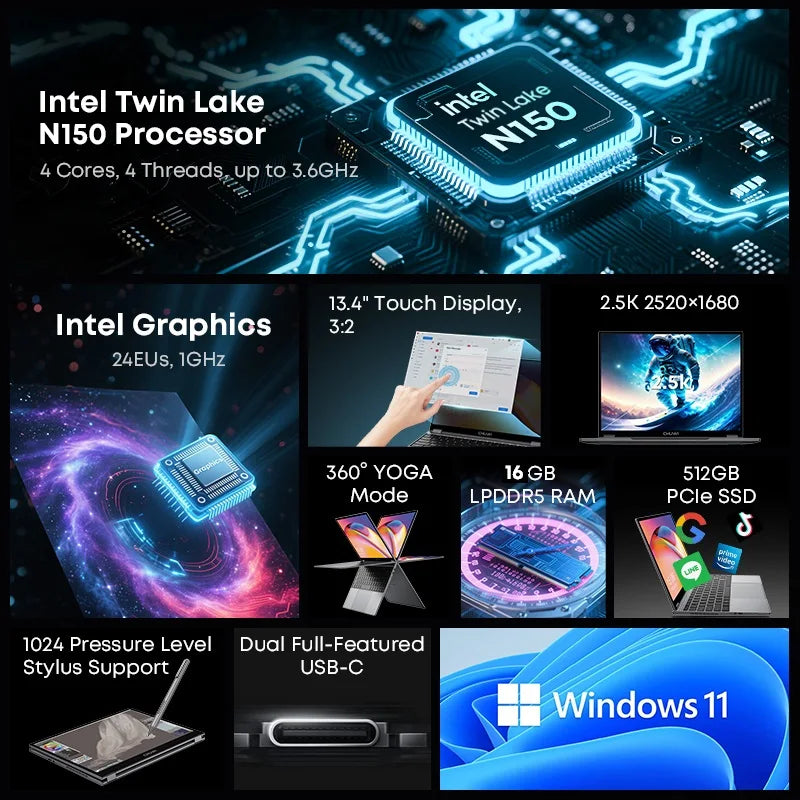 CHUWI FreeBook 13.5" 2-in-1 Laptop — Intel N150, 16GB LPDDR5, 512GB SSD, FHD Touch, WiFi 6, Windows 11
