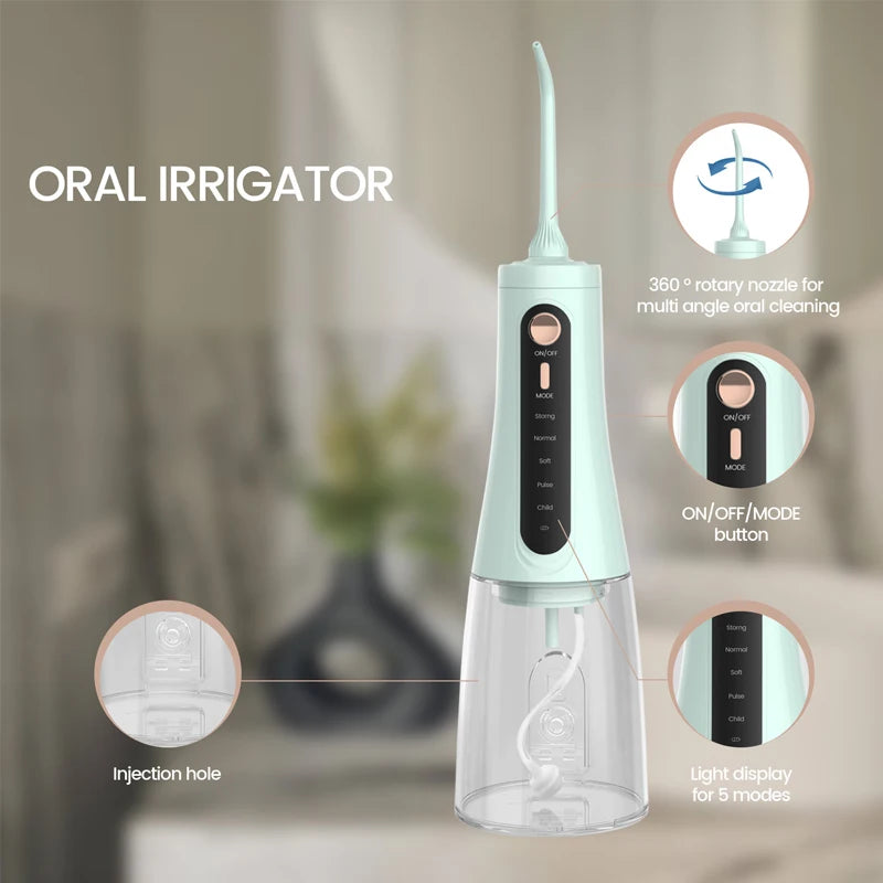 Oral Irrigator Water Dental Flosser – 350ml, 5 Modes, IPX7, 6 Nozzles, Rechargeable