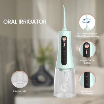 Oral Irrigator Water Dental Flosser – 350ml, 5 Modes, IPX7, 6 Nozzles, Rechargeable