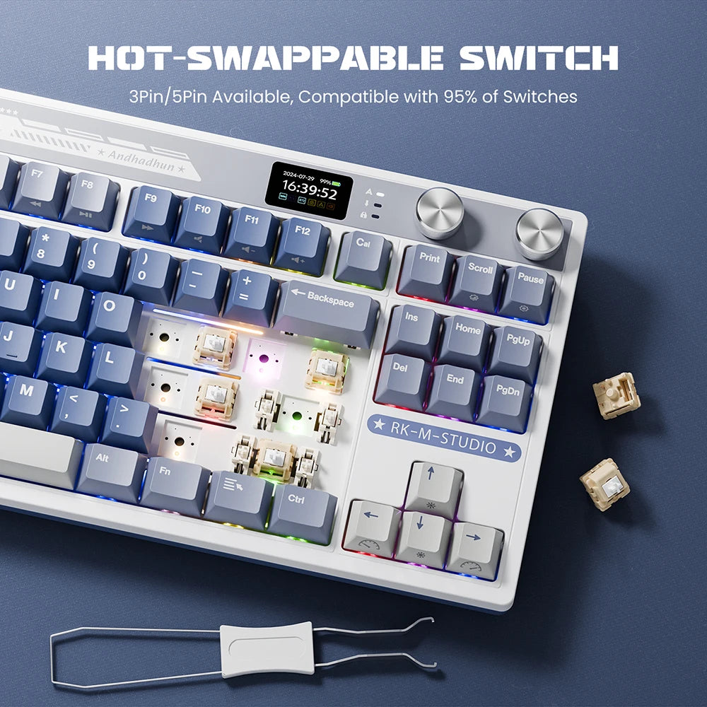 RK Royal Kludge M87 Wireless Mechanical Keyboard – 87 Key, Hot-Swap, BT/2.4G/USB-C, TFT Screen