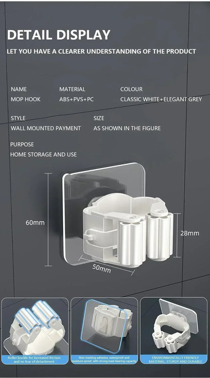 Self-Adhesive Mop & Broom Holder | Wall Mounted No-Drill Storage Hook