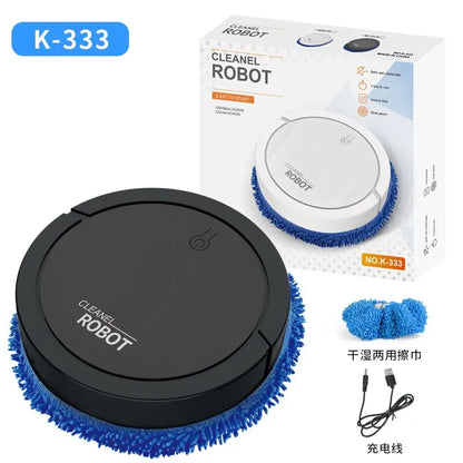 R.E.D. Shopping smart sweeping and mop robot with humidifying spray cleaning a hardwood floor automatically.