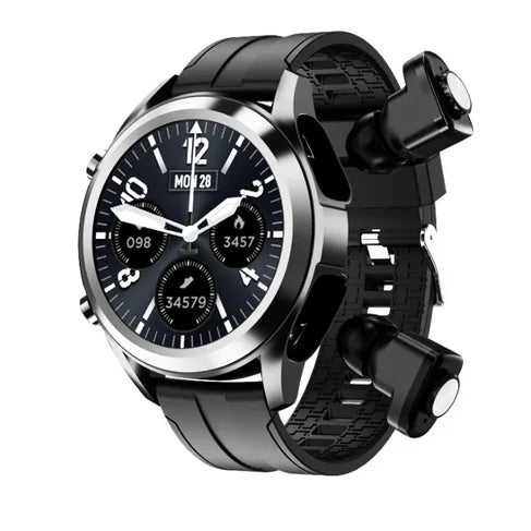 R.E.D. Shopping 2-in-1 wireless earbuds and smartwatch with fitness tracker and Bluetooth calling feature, shown on a display.
