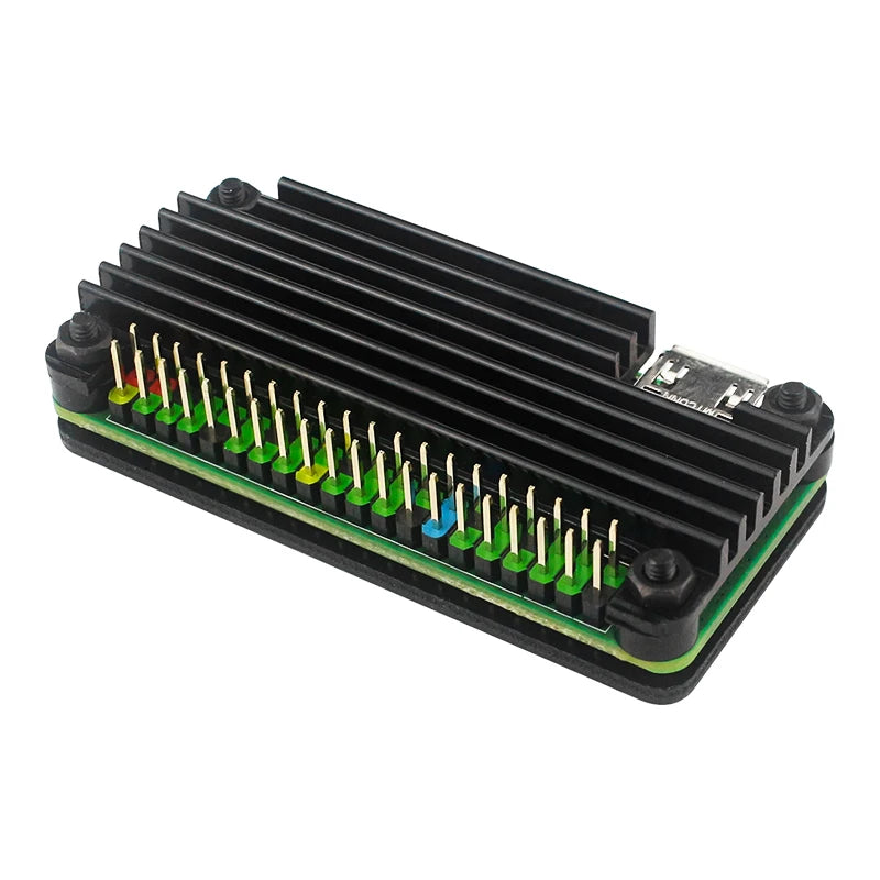 Raspberry Pi Zero 2 W aluminum case with heatsink and GPIO header, designed for passive cooling of single-board computer.