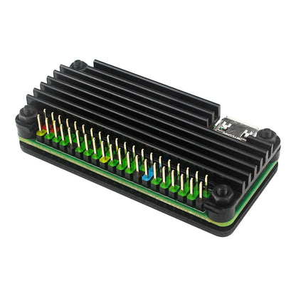 Raspberry Pi Zero 2 W aluminum case with heatsink and GPIO header, designed for passive cooling of single-board computer.