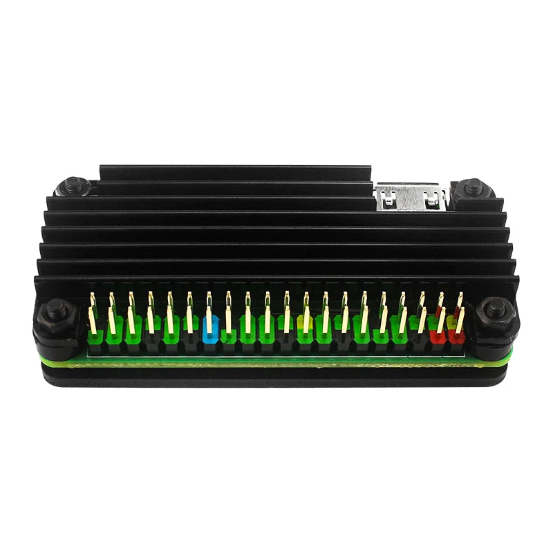 Raspberry Pi Zero 2 W aluminum case with passive heatsink and GPIO pin header, designed for cooling and protection of single-board computer.