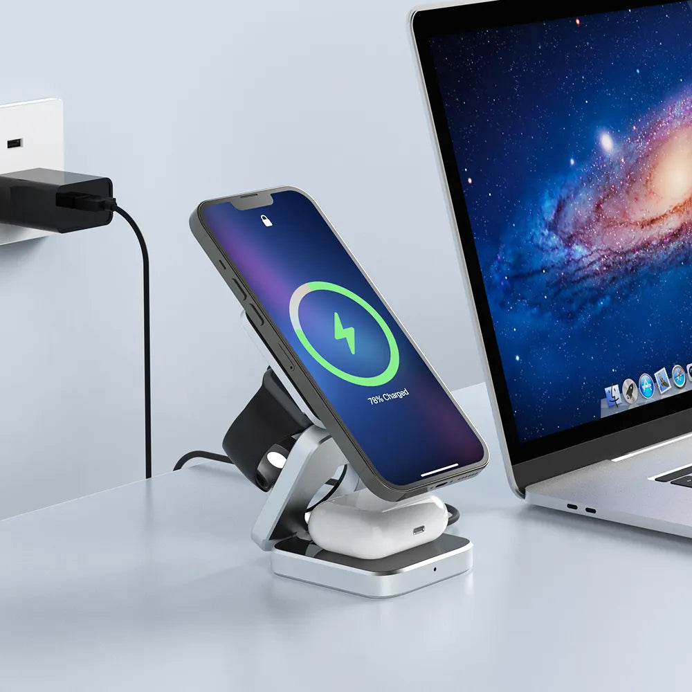 Wireless charging station by R.E.D. Shopping for fast charging smartphones, smartwatches, and earbuds on a sleek surface.