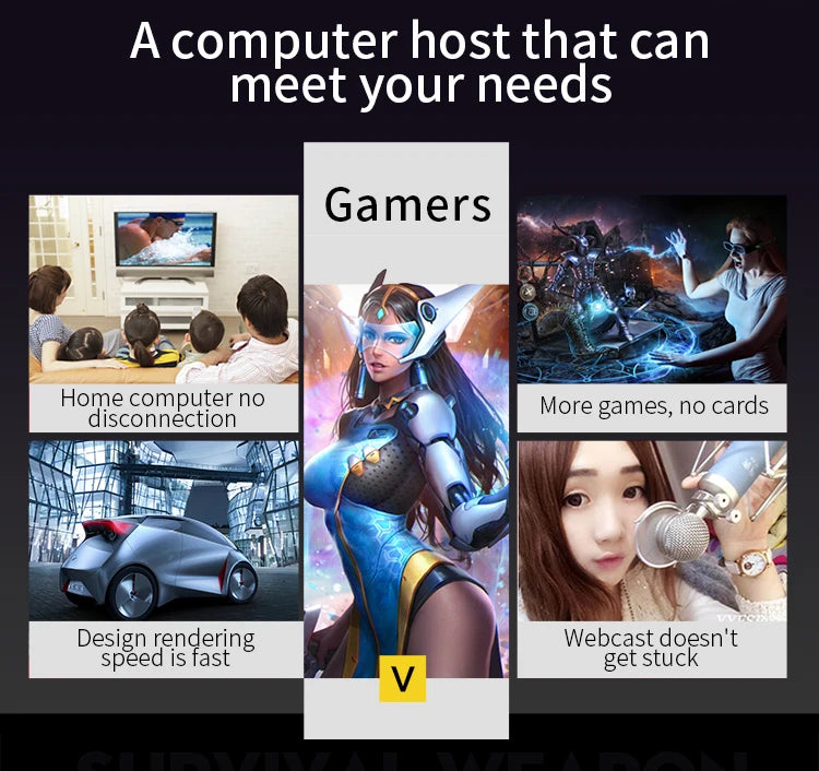 Aotesier Core i7 desktop computer with 8GB RAM, 256GB SSD, black tower case, suitable for home office and gaming.