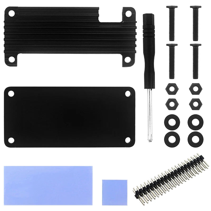 Raspberry Pi Zero 2 W aluminum case with passive heatsink and GPIO pin header, designed for single-board computer protection and cooling