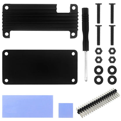 Raspberry Pi Zero 2 W aluminum case with passive heatsink and GPIO pin header, designed for single-board computer protection and cooling
