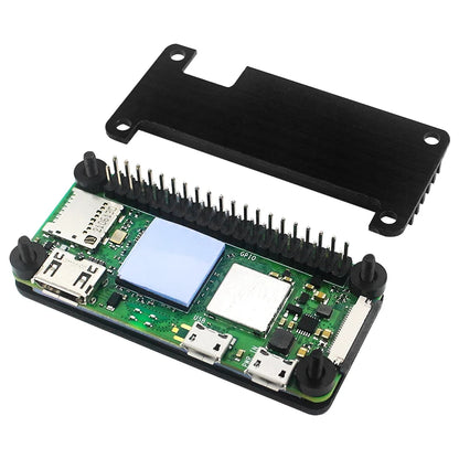 Raspberry Pi Zero 2 W aluminum case with passive heatsink and GPIO pin header for cooling and protection of single-board computer.
