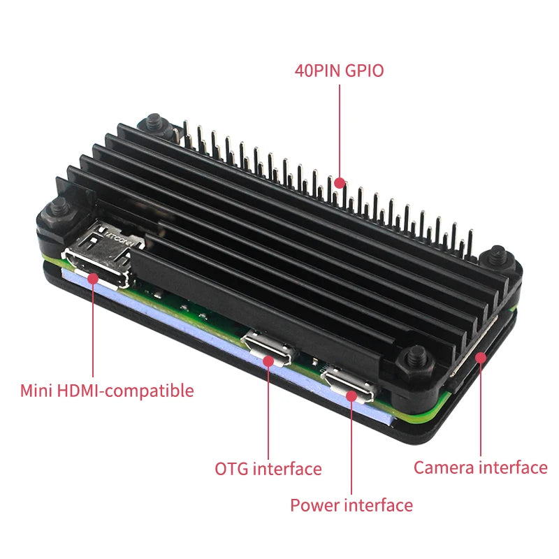 Raspberry Pi Zero 2 W aluminum case with passive heatsink and GPIO pin header, designed for single-board computer protection.