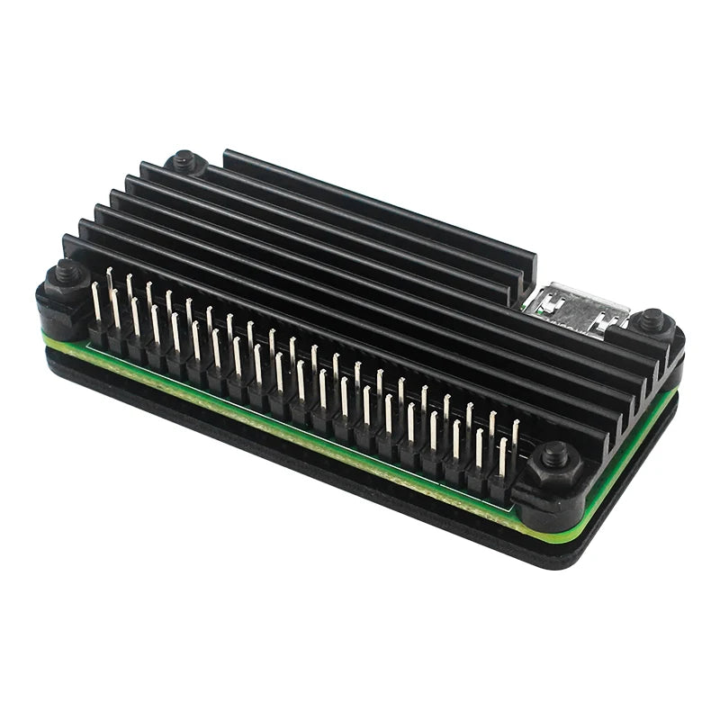 Raspberry Pi Zero 2 W aluminum case with passive heatsink and GPIO pin header, designed for cooling and protection of single-board computer.